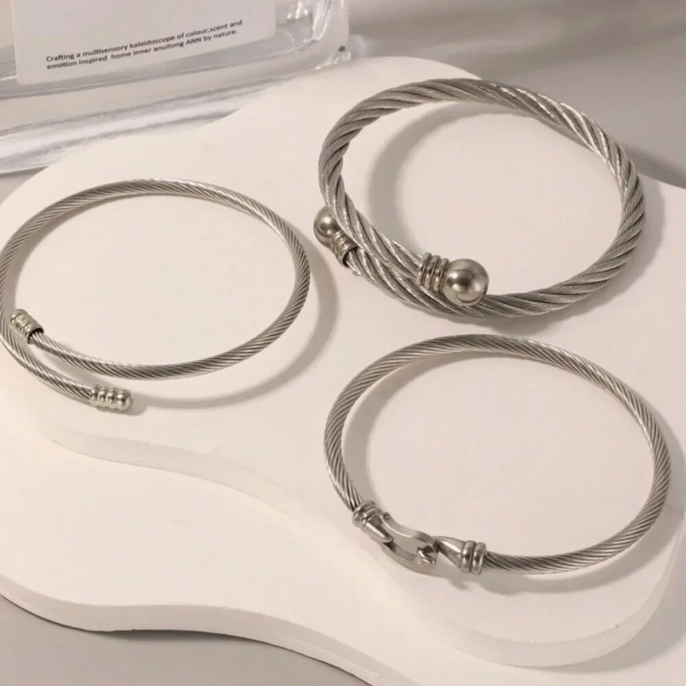 Silver Cable Twisted Wired  Bracelet  Three pieces Set Silver  Plated - Picture 4 of 6